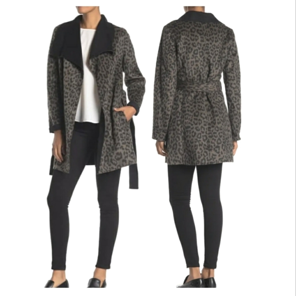 Tahari Leopard Print Wrap Coat Wool Blend Women's L